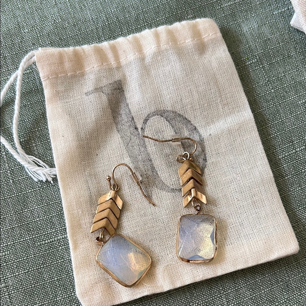 Gold and White Crystal Drop Earrings with Leaf Detail